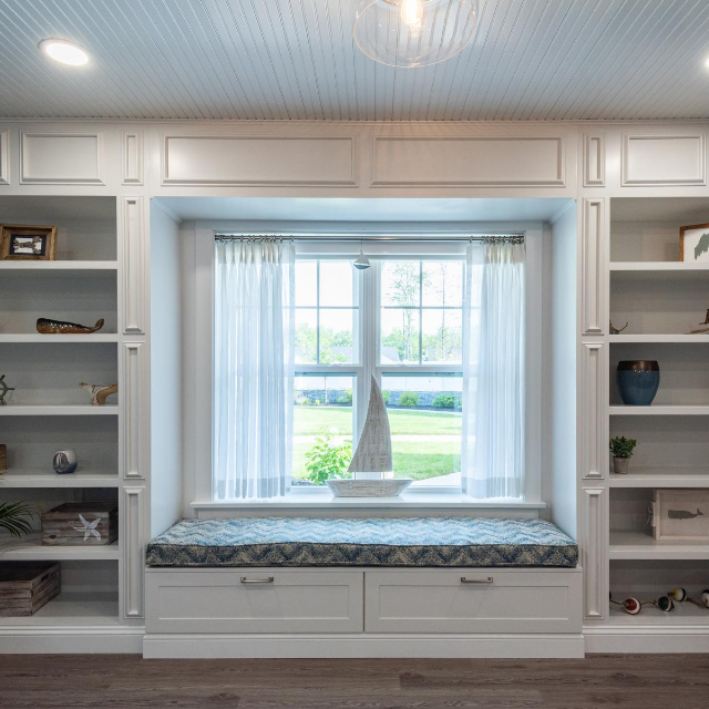 custom built in bookcases and bench